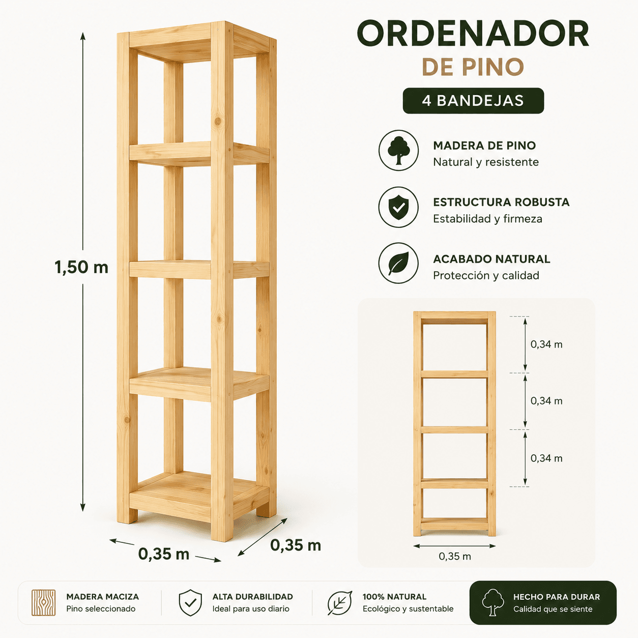 Organizador de Madera de Pino 1.50mx0.35x0.35